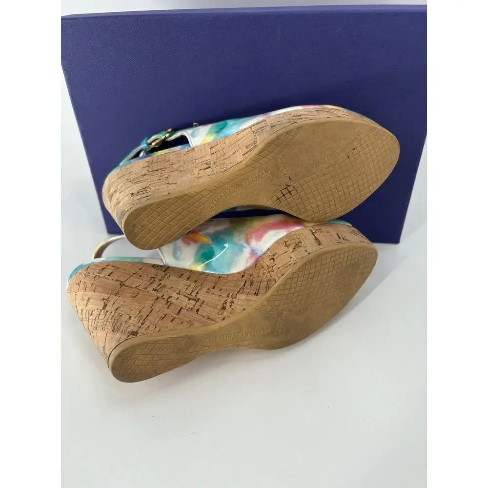 Stuart Weitzman Jean Slingback Wedges Sandals 5.5 Multicolor Patent Leather Peep
